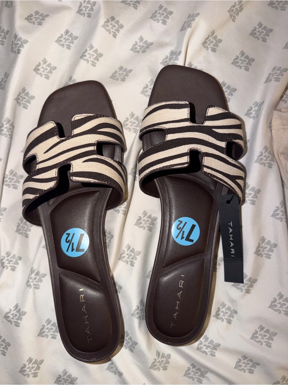 Tahari Brown Slide Sandals with Black and Cream Zebra Straps